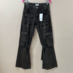 ZARA WOMAN 4/W26 Denim Pocket CARGO Jeans Hi Waist Black Y2K 90s New 8197/236